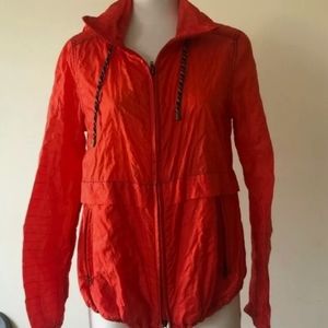 Free People Hooded Windbreaker Packable Jacket Orange Sheer Check Rain Coat M